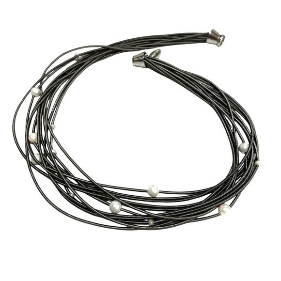 Sea Lily silvery piano wire multistrand chain & faux pearl beads choker necklace - Picture 4 of 6